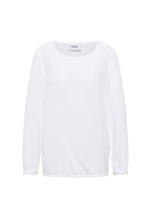 Witte lange mouw top met een ronde halslijn, knoopdetail aan de voorkant en elastische taille en manchetten. Gemaakt van lichte stof.