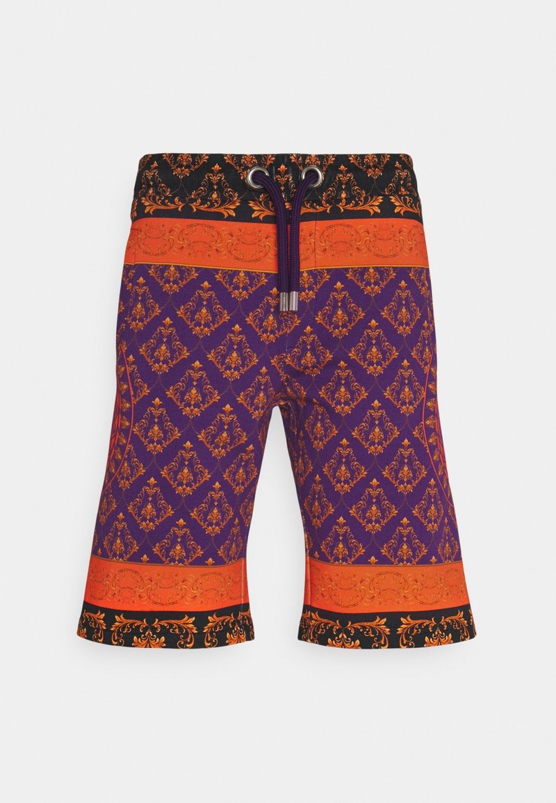 Lila shorts med ett utsmyckat orange mönster, svart midjeband med dragsko och kontrastdesign vid fållen.