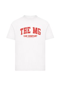 Weißes Baumwoll-T-Shirt mit roten Retro-Schriftzug "THE MG CAR COMPANY", der auffällig über die Brust gedruckt ist. Runder Halsausschnitt, kurze Ärmel.