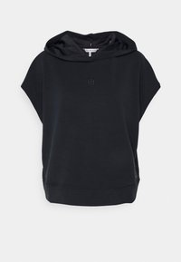 Czarny krótki rękaw bluzy z kapturem wykonany z miękkiego materiału, z pojedynczym akcentującym logo z przodu, o luźnym kroju i przestronnym dekolcie.