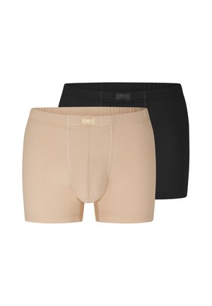 Two pairs of men's boxer briefs, one beige in front and one black behind, both with elastic waistbands and a pouch front.