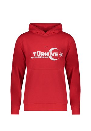 Roter Hoodie mit weißem Schriftzug "TÜRKİYE AY-YILDIZLILAR", Halbmond, Stern und kleinem schwarzem Nike-Logo auf der Brust.