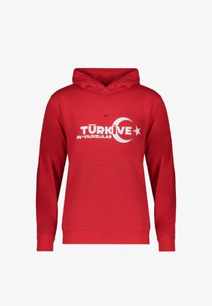 Felpa rossa con cappuccio con scritta bianca "TÜRKİYE AY-YILDIZLILAR", mezzaluna, stella e piccolo logo Nike nero sul petto.