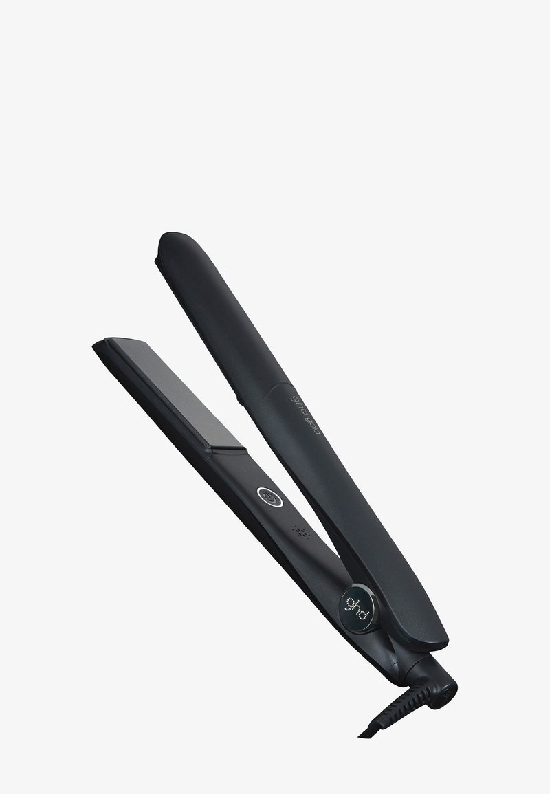 Zwarte haarstyler met aan/uit-knop, digitale temperatuurweergave en draaibare snoer op een effen lichte achtergrond.