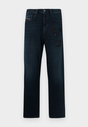 Mörk denim jeans med raka ben och subtil avblekning, med dekorativa lappar i svart, blå sömmar och framfickor.
