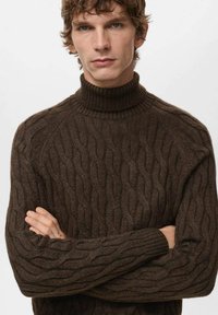 Brązowy sweter z dzianiny warkoczowej z wysokim golfem. Posiada fakturowane wzory oraz ściągacze na mankietach. Dopasowany fason z długimi rękawami.