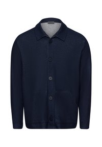 Cárdigan azul marino de botones, confeccionado en tejido texturizado, con cuello, bolsillos frontales y seis botones en el centro.