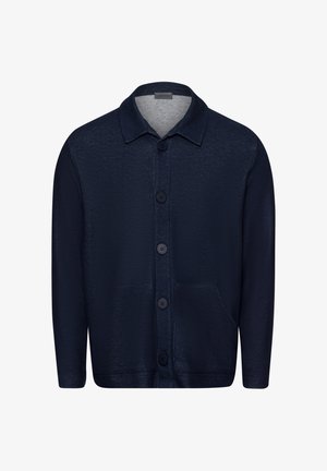 Dunkelblauer Button-Up-Cardigan aus strukturiertem Material, mit Kragen, Taschen vorne und sechs Knöpfen in der Mitte.