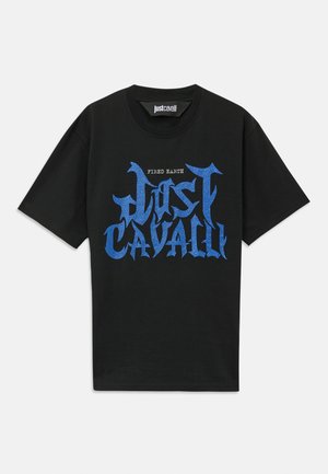 Black cotton T-shirt featuring a prominent blue graphic design with stylized text. Crew neckline, short sleeves, relaxed fit.