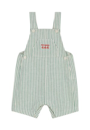 Babyrömpler mit vertikalen grünen und weißen Streifen, Schulterträgern mit Knöpfen, Vordertasche und rotem "PETIT BATEAU"-Text mit Segelboot-Symbolen.