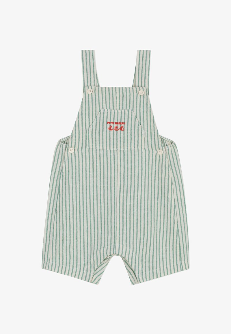 Bodysuit pour bébé avec des rayures verticales vertes et blanches, bretelles avec boutons, poche avant et texte "PETIT BATEAU" rouge avec des icônes de voilier.
