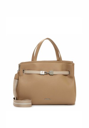 Beige leren handtas met dubbele handvatten, afneembare beige riem, zilveren sluiting en klein metalen merklogo aan de voorkant.