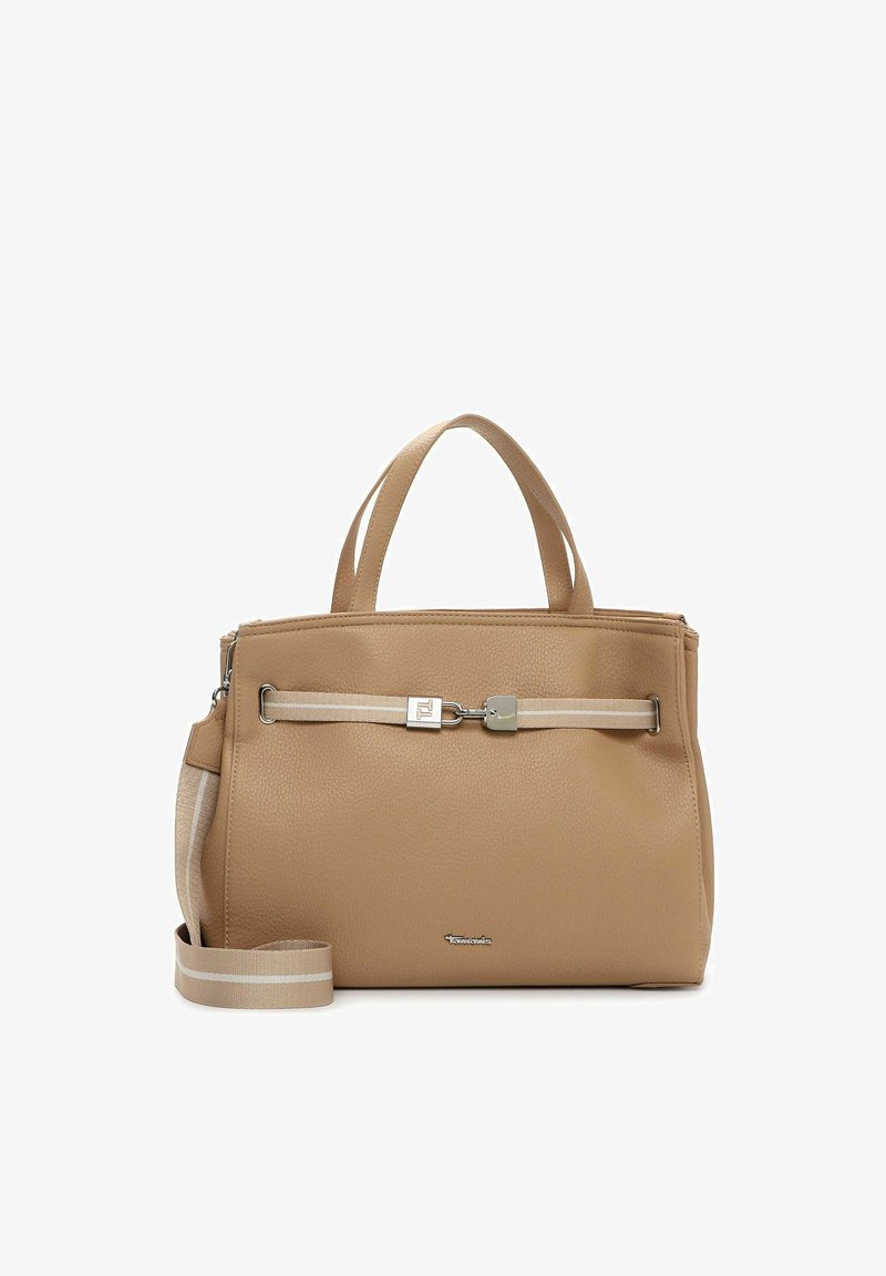 Bolso de mano de cuero beige con dos asas, correa beige desmontable, detalle de cierre plateado y pequeño logo metálico de la marca en el frente.