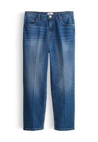 Jean en denim bleu avec une coupe droite, un style classique à cinq poches et un délavage usé. Doté d'un bouton en métal et d'une fermeture éclair.