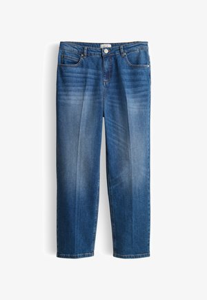 Blauwe spijkerbroek met een rechte pijpzijk, klassieke vijfzakkenstijl en een vervaagde wasbehandeling. Voorzien van een metalen knoop en ritssluiting.