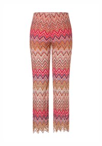 Kleurvolle, zigzag-patroon broeken in tinten rood, oranje en paars. Gemaakt van een textuurstof met een flared vorm en een golvende zoom.