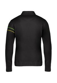 Schwarze Jacke mit Kragen, langen Ärmeln und elastischem Saum. Grüne und gelbe Akzentlinien an den Schultern. Glatte Textur, schlichtes Design.