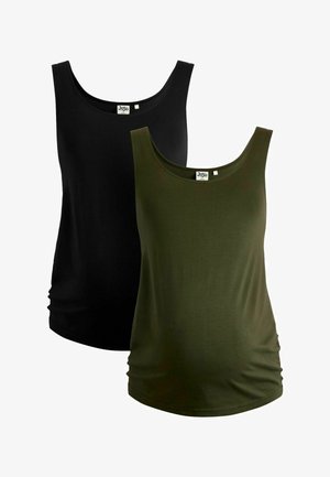 To ærmeløse barselstoppe i sort og olivengrøn med rundede udskæringer, designet til komfort og afslappet brug.