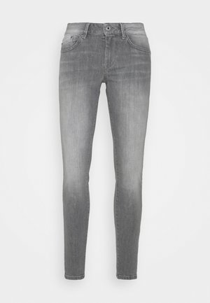 Šedé džíny skinny s vybledlým vzhledem, disponující pěti kapsami, zipem a knoflíkovým zapínáním. Hladká textura a přiléhavý design.