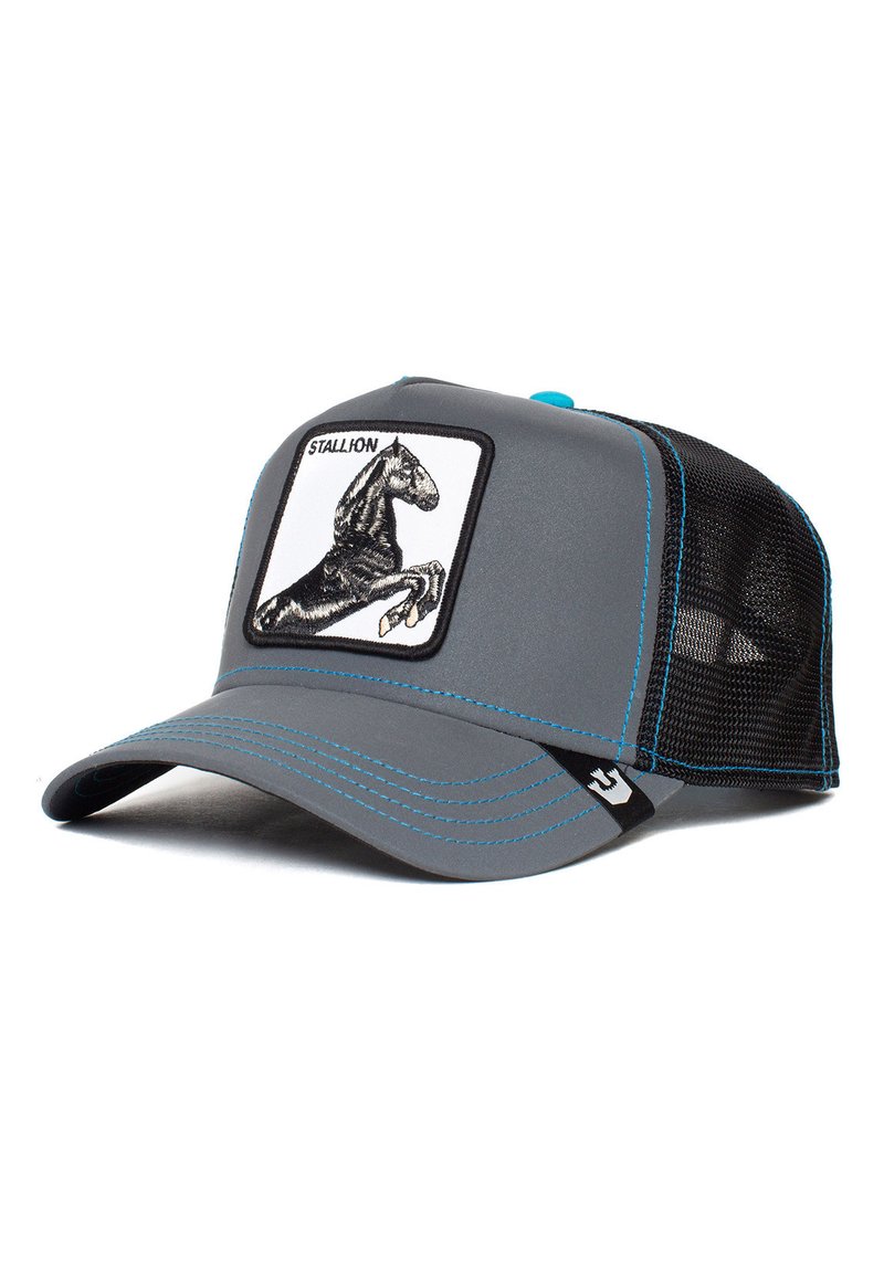 Gray trucker hat with mesh sides, a structured front, blue stitching, and a black and white embroidered horse graphic labeled "STALLION."