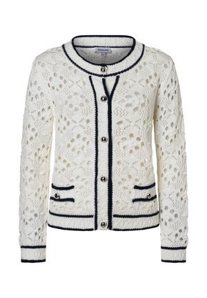 White knit cardigan with black trim, silver buttons down front, and two front pocket details with buttons.