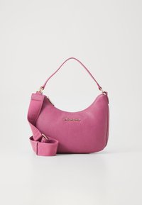 Pink textured leather Valentino handbag with curved top handle and wide detachable shoulder strap displaying brand name.