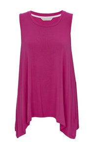 Fuchsia mouwloze top van zachte stof met een ontspannen pasvorm, voorzien van een ronde halslijn en zijsplitten voor gemakkelijke beweging.