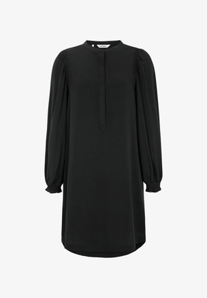 Schwarzes Kleid aus einem glatten Stoff, mit rundem Ausschnitt, langen Puffärmeln mit gerafften Bündchen und einer geknöpften Leiste an der Vorderseite.