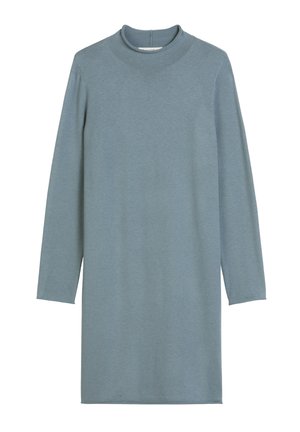 Long-sleeve dress in a soft blue fabric with a mock neck and a relaxed fit, featuring a back zipper for closure and a smooth texture.