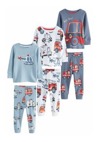 Deux hauts à manches longues et trois paires de pantalons avec des motifs de véhicules, principalement en bleu, blanc, rouge et gris, fabriqués en coton doux.