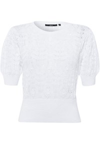 Suéter blanco de manga corta con un patrón texturizado tipo encaje y ribete acanalado. Presenta un escote redondo y mangas ligeramente abullonadas.