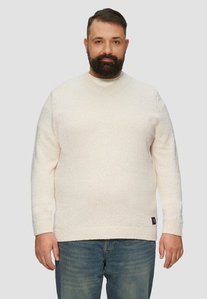 Lichtbeige gebreide sweater met een gestructureerde afwerking, met een v-hals, lange mouwen en geribbelde manchetten. Kleine logo-label nabij de zoom.