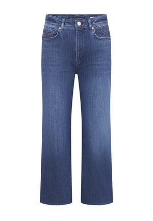 Blue denim straight-leg jeans with frayed hems, front button and zip closure, and subtle pocket embellishments.