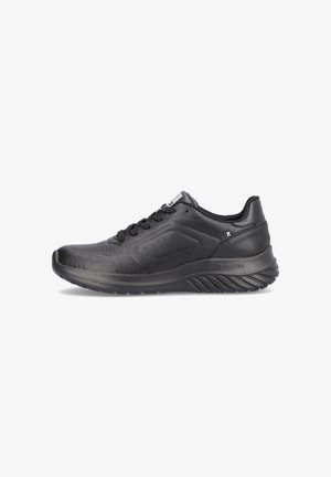 Black athletic shoes featuring a smooth, textured upper, mesh panels, and a cushioned sole with a ridged design for grip.