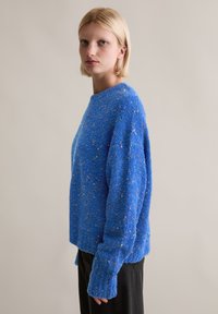 Blauer Wollpullover mit strukturierter Oberfläche und farbigen Sprenkeln. Abfallende Schultern und lange, weite Ärmel, entspannte Passform.