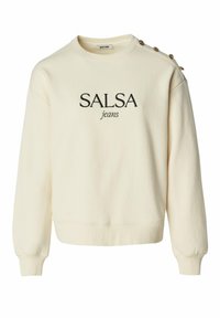 Krémová mikina se zaobleným výstřihem, žebrovaným lemem a manžetami, s černým textem "SALSA jeans" a dekorativními mosaznými knoflíky na rameni.