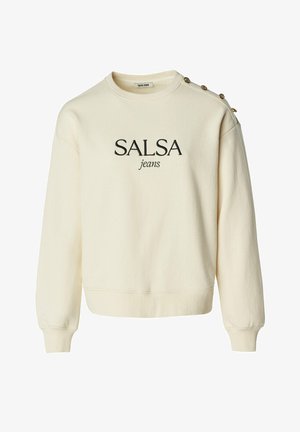Kremna sweatshirt s krojem na vratu, rebrastim robom in manšetami, z črnim napisom "SALSA jeans" in dekorativnimi medeninastimi gumbi na rami.