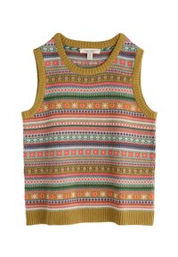 Gebreide mouwloze trui met een gepatterniseerd ontwerp met strepen in groen, roze, rood en blauw, en een ribgebreide ronde hals en zoom in mosterdkleur.