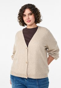 Kafijas krāsas kardigāns ar v-veida kakla izgriezumu, zelta krāsas pogām un ribinātu apakš malā. Mīksta tekstūra, garas piedurknes, valkāts virs tumši brūna krekla.