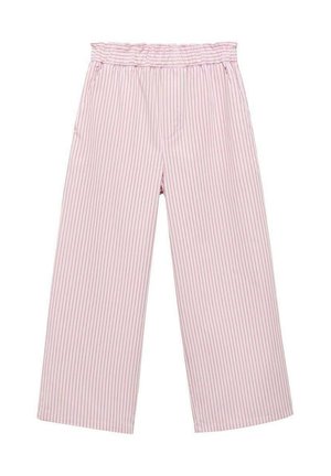 Pink and white striped wide-leg pants with an elasticated waistband and smooth fabric. Features vertical pinstripes and a relaxed fit.