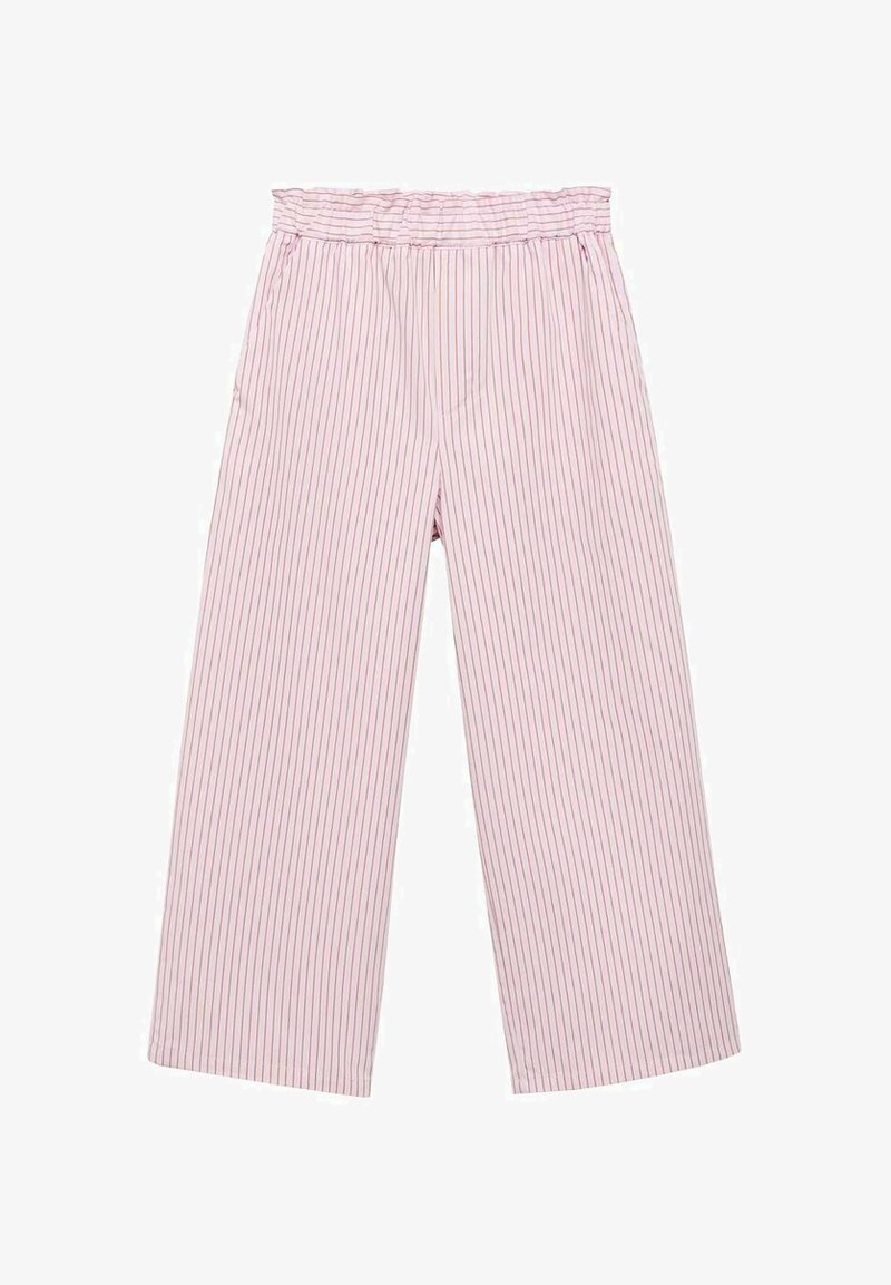 Ružovo-biele pruhované nohavice širokého strihu s elastickým pásom a hladkým materiálom. Obsahujú vertikálne jemné pruhy a voľný strih.