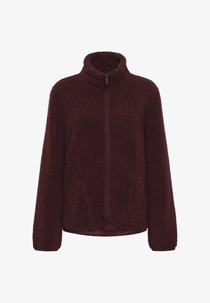 Dark burgundy fleece jacket with full front zipper, high collar, long sleeves, and a soft textured fabric.