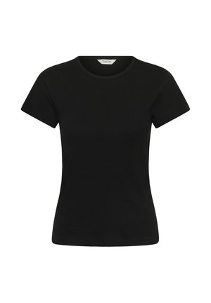 T-shirt nera aderente a maniche corte con coste e collo tondo, con una piccola etichetta interna sul colletto.