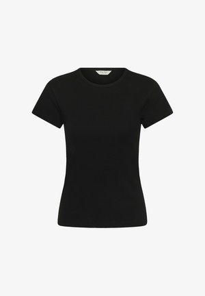 T-shirt nera aderente a maniche corte con coste e collo tondo, con una piccola etichetta interna sul colletto.