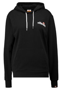 Svart hoodie med framficka, vita dragremmar och broderad "ellesse"-logotyp på bröstet. Mjuk tyg, ribbade ärmslut och nederkant.