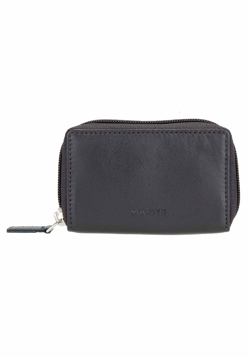 Black leather wallet with a zip closure. Compact rectangular shape, smooth texture, minimal branding on the front, and metal zip hardware.