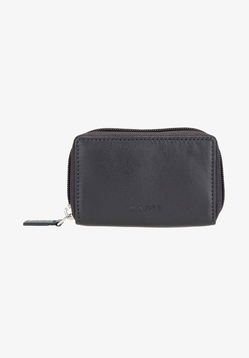 Black leather wallet with a zip closure. Compact rectangular shape, smooth texture, minimal branding on the front, and metal zip hardware.