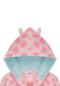 Hooded robe in soft pink fleece with large dots, featuring a light blue inner lining and two frog-like ears on the hood.