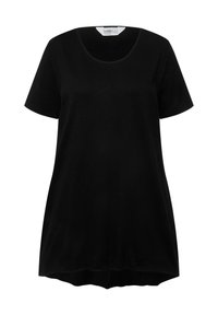 T-shirt noir à manches courtes avec un col en scoop, fabriqué en tissu doux et léger. Il présente une coupe décontractée et un ourlet incurvé.