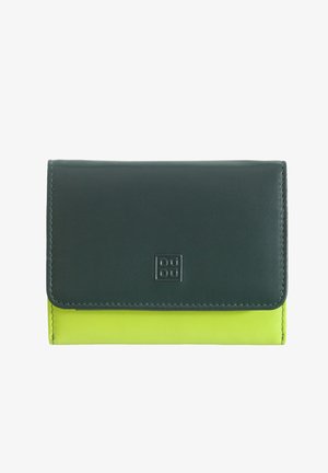 Portefeuille en cuir vert et jaune fluo, de forme rectangulaire, avec un rabat à l'avant, détail de logo en relief, texture lisse et couture contrastante.